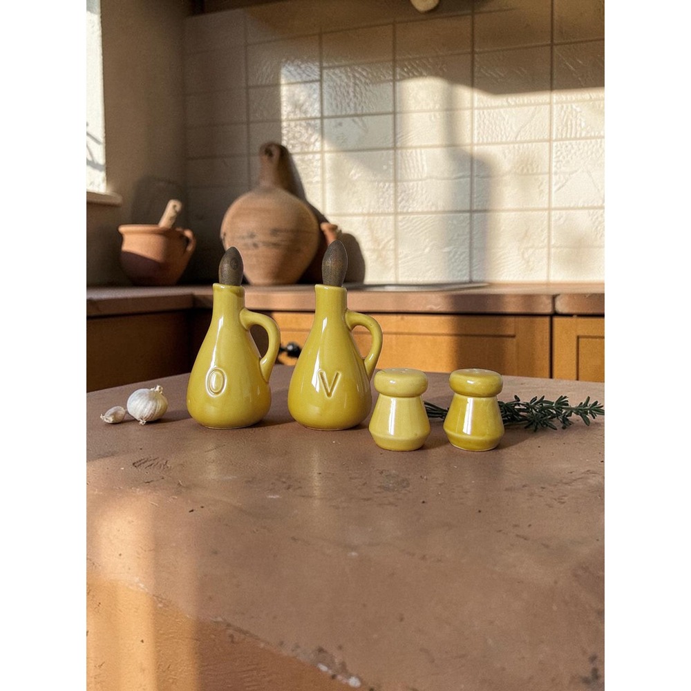Vintage Mustard Yellow Oil & Vinegar Cruet Set - Ceramic Salt Pepper Shakers